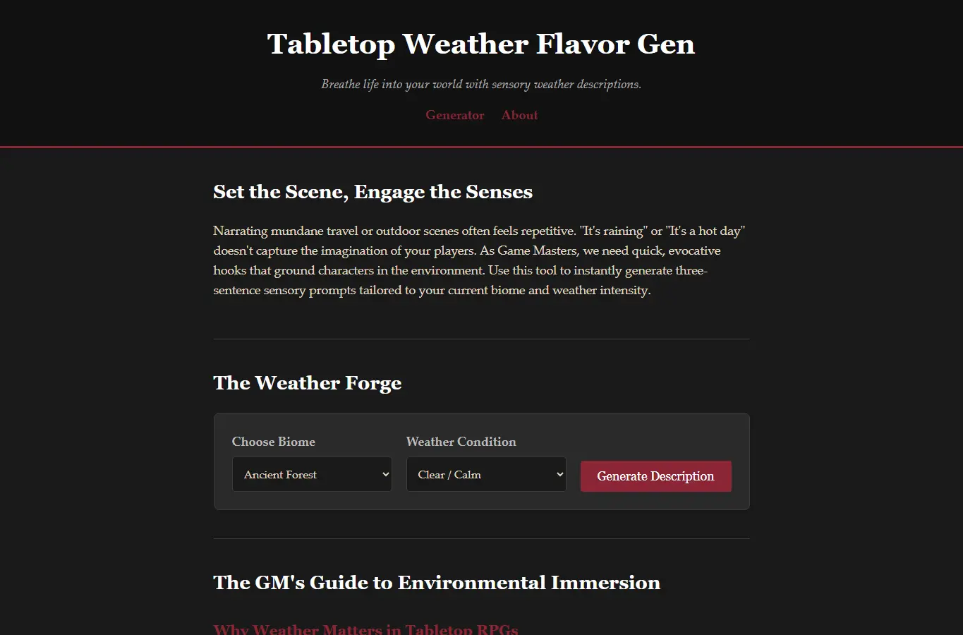 Screenshot of Tabletop Weather Flavor Generator interface showing the project page in use